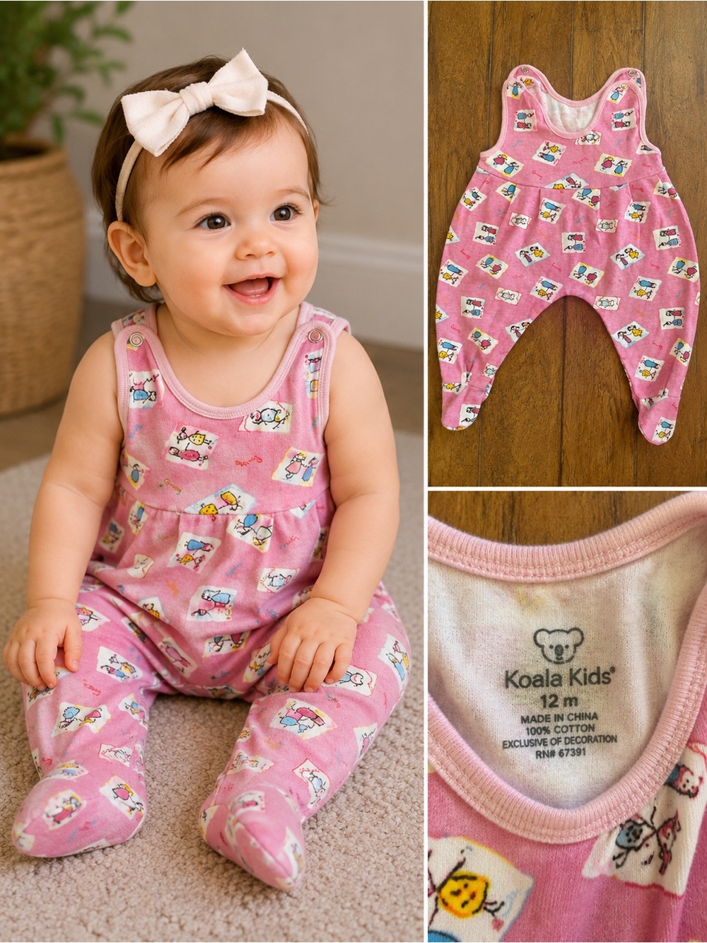 Vintage Koala Kids Pink Baby Girl Footed Romper – Cute Print